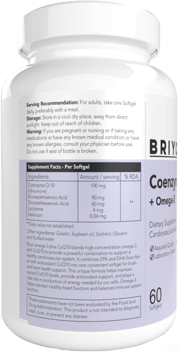Heart Health Supplement: CoenzymeQ10 + Omega 3 with Lycopene and Selenium - 150 mg Omega 3 + 100 mg Omegas 3 - Cellular Energy and Antioxidant Support