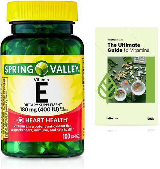Heart Health Vitamin E Supplement Softgels - 180 mg (400 IU), 100 Count with VitaMax Vitamin Guide - 2 Items