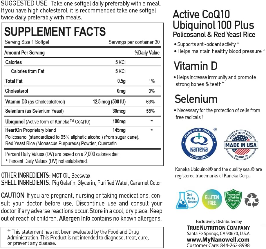 HeartOn Active CoQ10 Kaneka Ubiquinol 100 Supplement for Heart Health - 30 Softgels, 1-Month Supply