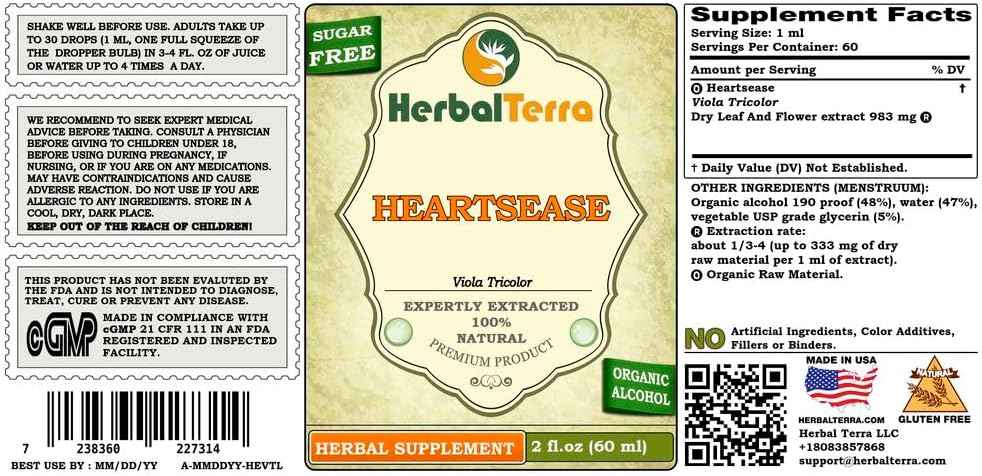 Heartsease (Viola Tricolor) Tincture, Organic Dried Leaves and Flowers Liquid Extract (Brand Name: HerbalTerra, Proudly Made in USA) 2x2 fl.oz (2x60 ml)