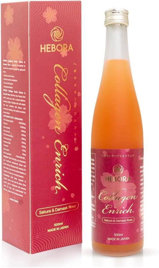 HEBORA Collagen Enrich Japan Liquid Drink - 160,000mg Marine Collagen Peptide + 112 Enzym Peptide Vegie + Damask Rose - Improve Hair, Nails, Skin, and Joints - 16.9 fl oz Bottle