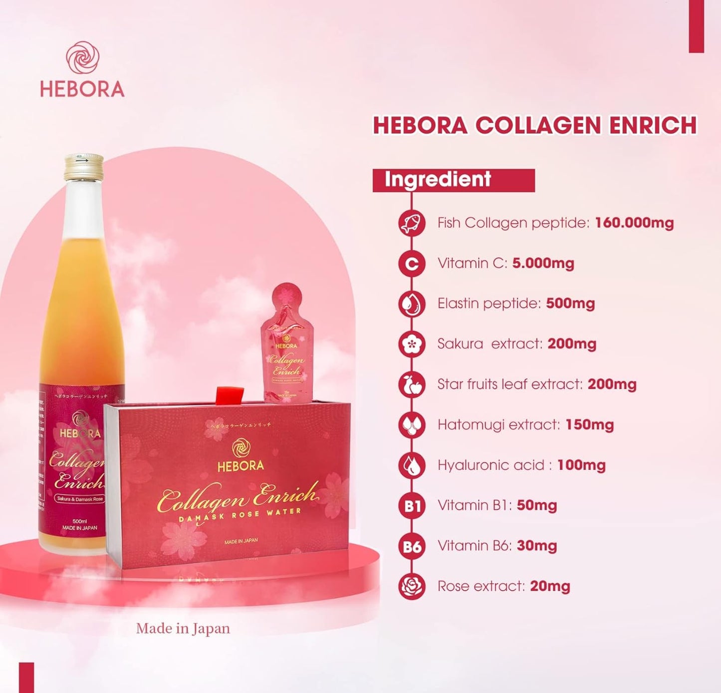 HEBORA Collagen Enrich Japan Liquid Drink - 160,000mg Marine Collagen Peptide + 112 Enzym Peptide Vegie + Damask Rose - Improve Hair, Nails, Skin, and Joints - 16.9 fl oz Bottle