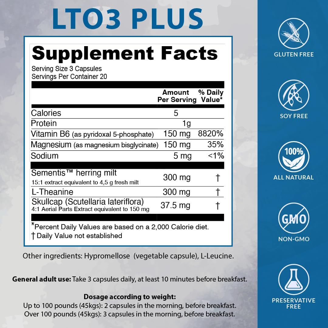 Herb-E-Concept LTO3 Plus Capsules with L-Theanine, Skullcap, Magnesium & Vitamin B6 for Concentration, Calm Mind, Positive Mood, Relaxation & Sleep