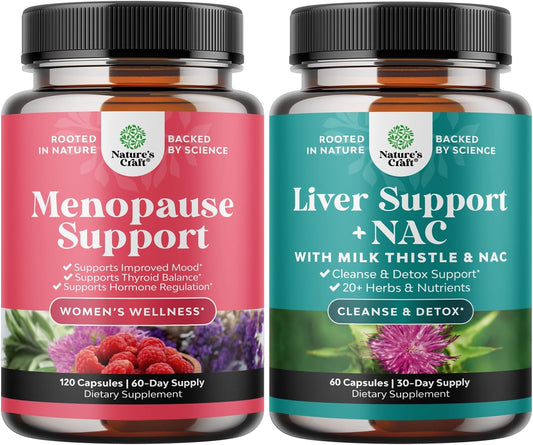 Herbal Menopause & Liver Support Bundle: Night Sweats Relief, Mood Balance & Liver Detox - 120ct Supplement with NAC & Milk Thistle