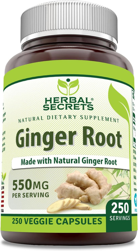 Herbal Secrets Ginger Root Supplement 550mg, 250 Veggie Capsules - Non-GMO & Gluten Free - Made in USA