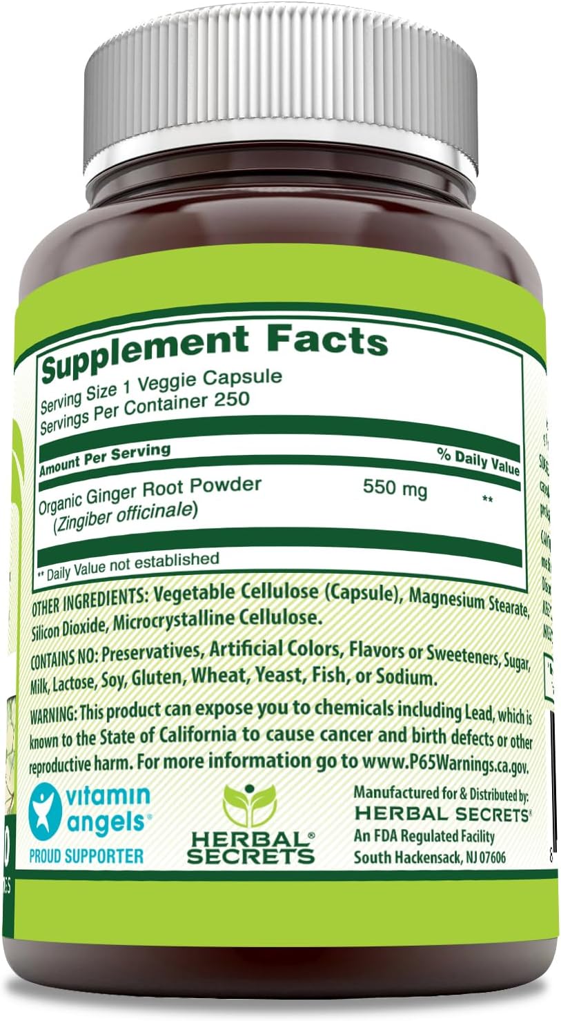Herbal Secrets Ginger Root Supplement 550mg, 250 Veggie Capsules - Non-GMO & Gluten Free - Made in USA