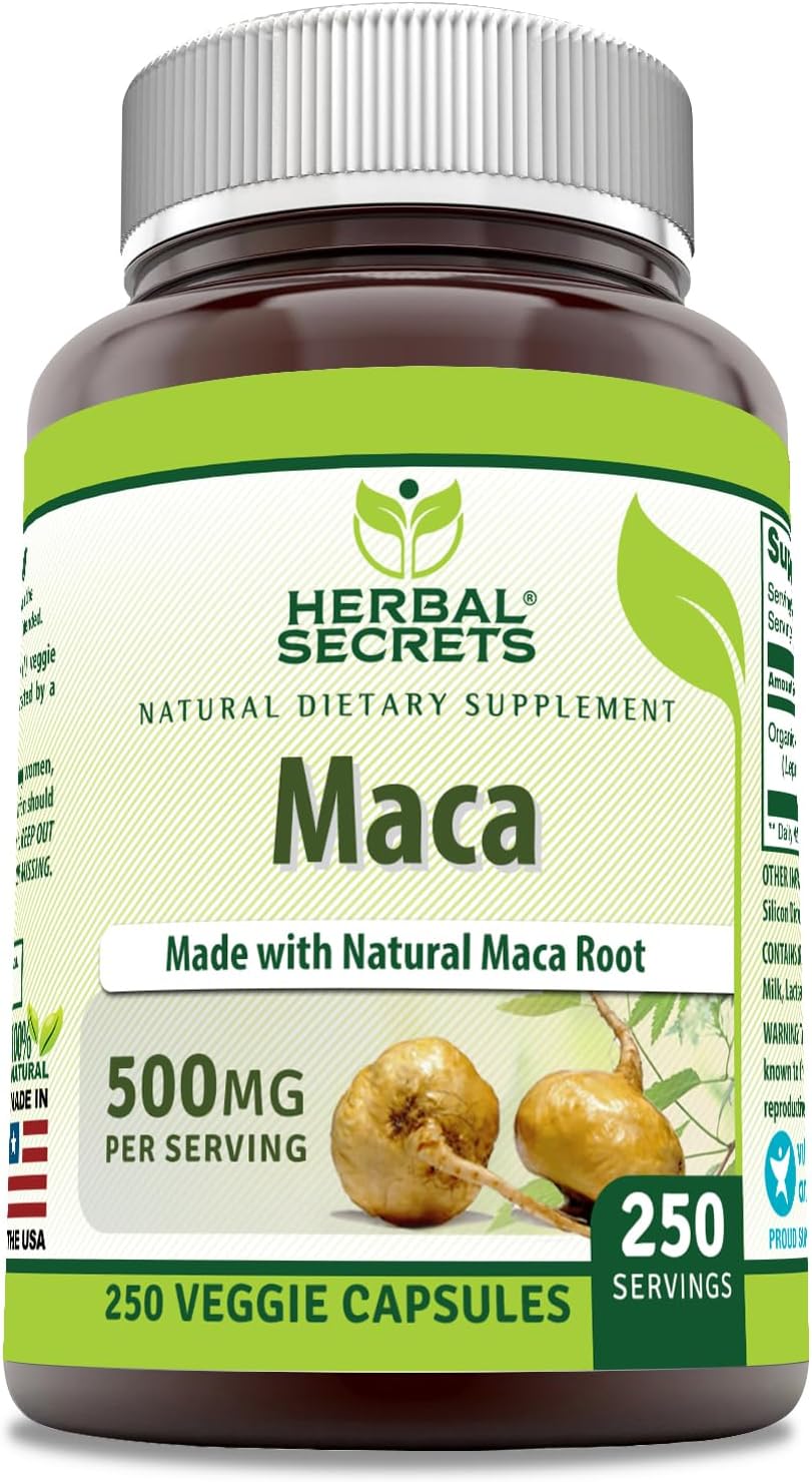 Herbal Secrets Maca 500mg - 250 Veggie Capsules | Non-GMO, Gluten Free, USA Made | Vegetarian Friendly