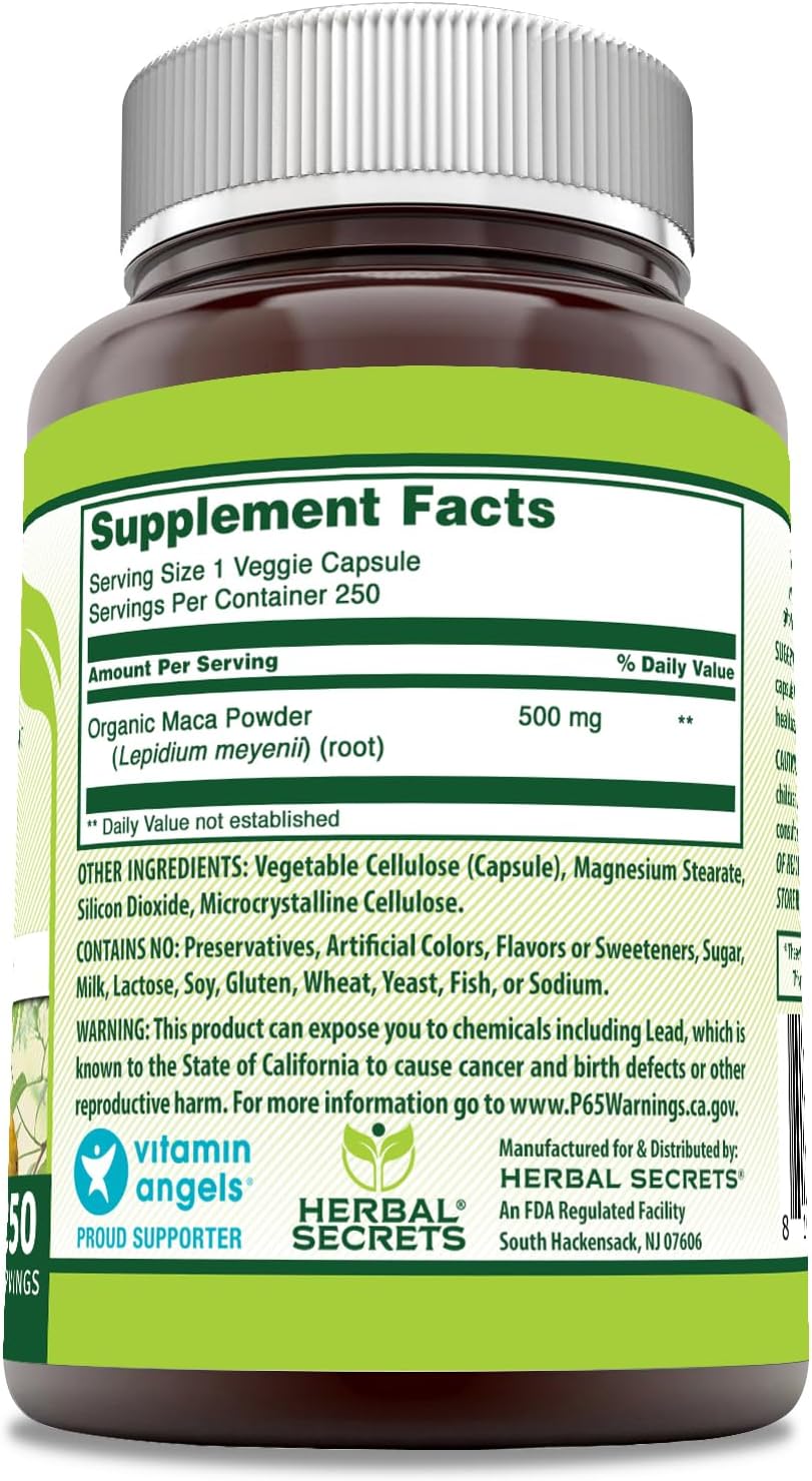 Herbal Secrets Maca 500mg - 250 Veggie Capsules | Non-GMO, Gluten Free, USA Made | Vegetarian Friendly