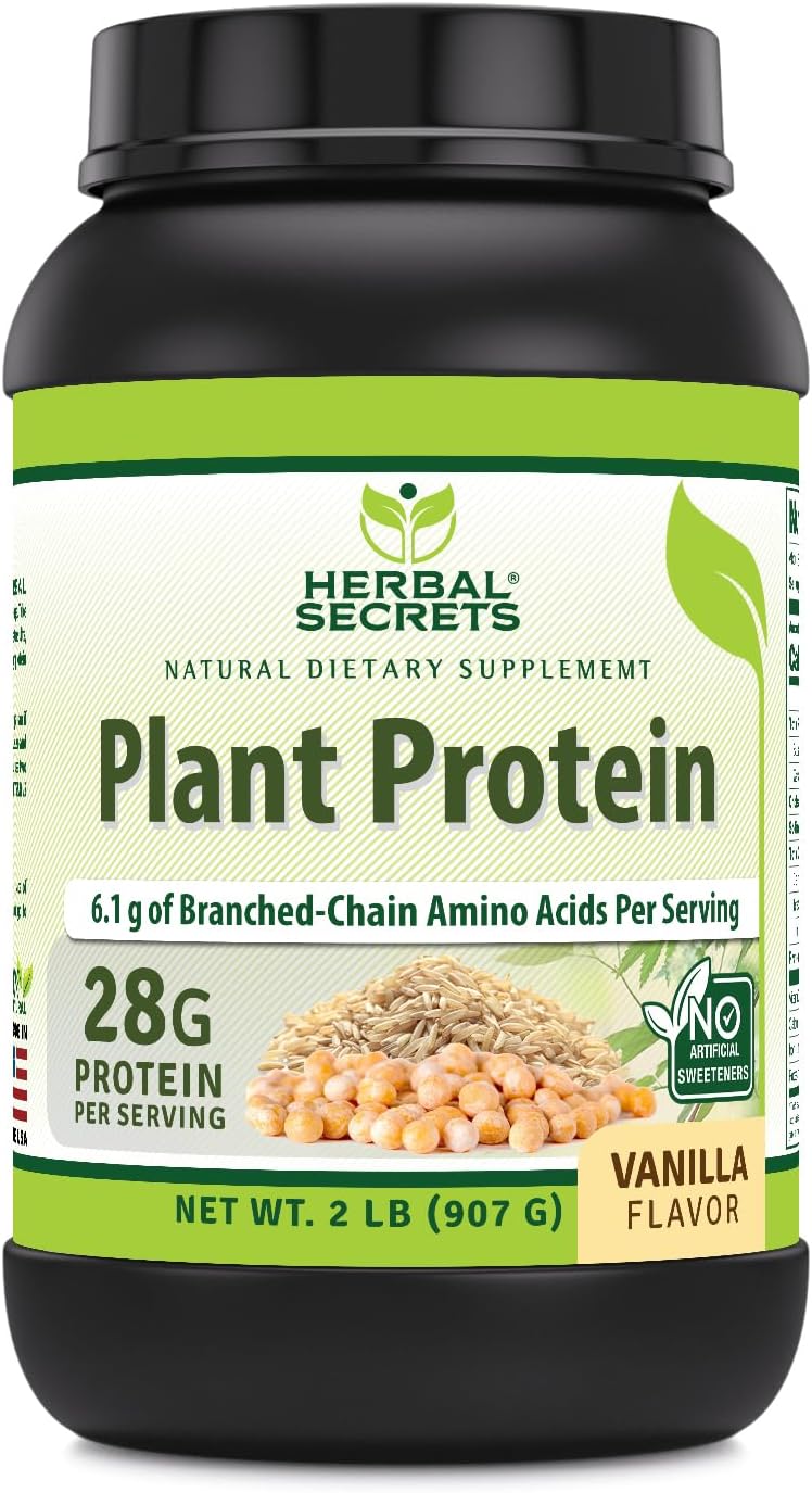 Herbal Secrets Plant Protein Powder 2 Lb - 28g Protein, 6.1g BCAA, Vegan Supplement - Made in USA - Vanilla Flavor