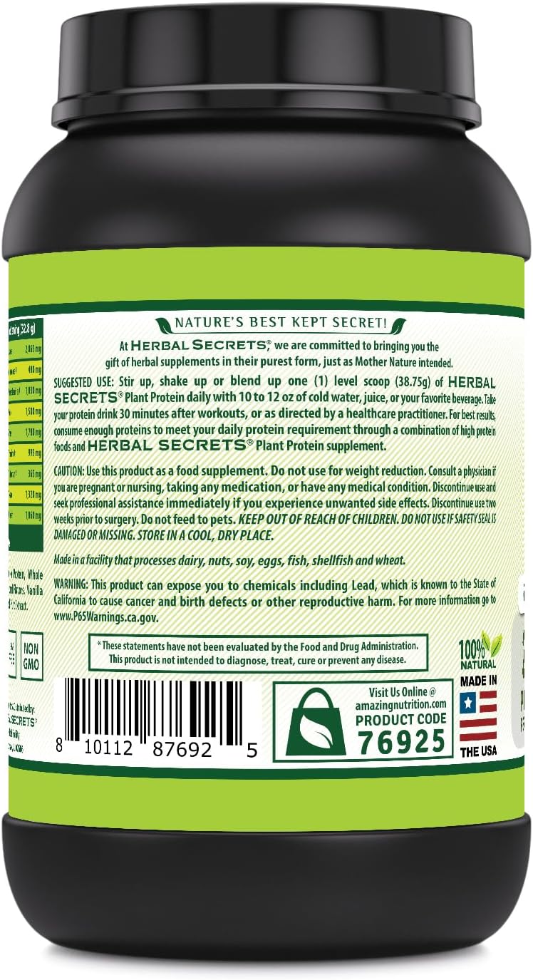 Herbal Secrets Plant Protein Powder 2 Lb - 28g Protein, 6.1g BCAA, Vegan Supplement - Made in USA - Vanilla Flavor