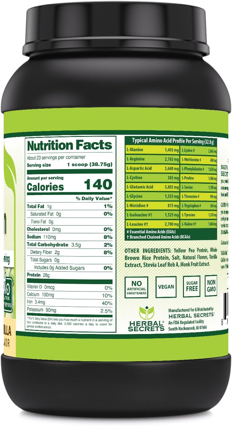 Herbal Secrets Plant Protein Powder 2 Lb - 28g Protein, 6.1g BCAA, Vegan Supplement - Made in USA - Vanilla Flavor
