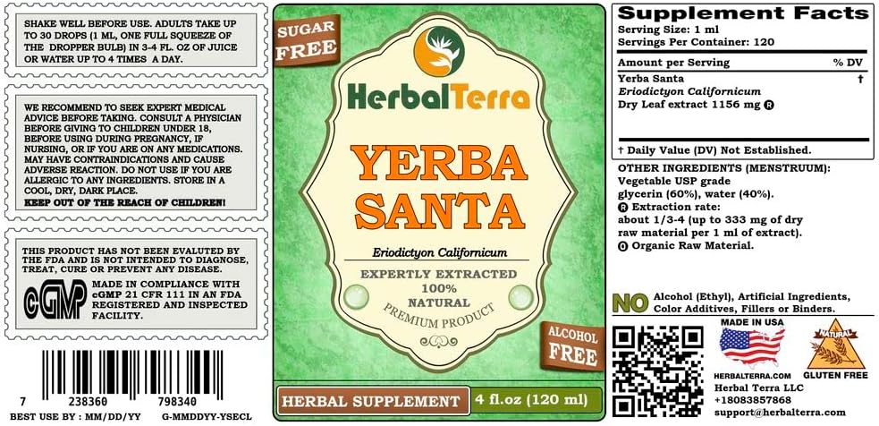 Herbal Terra LLC Yerba Santa Glycerite - Alcohol-Free Liquid Extract - 4 fl.oz - Made in USA by HerbalTerra