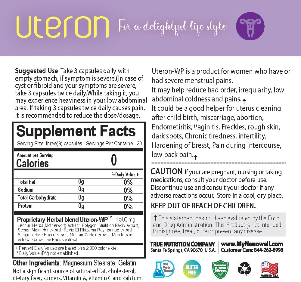 Herbal Uterus Supplement for Women's Health - NANOWELL Uteron WP 90 Capsules, 1 Bottle, 90 Count