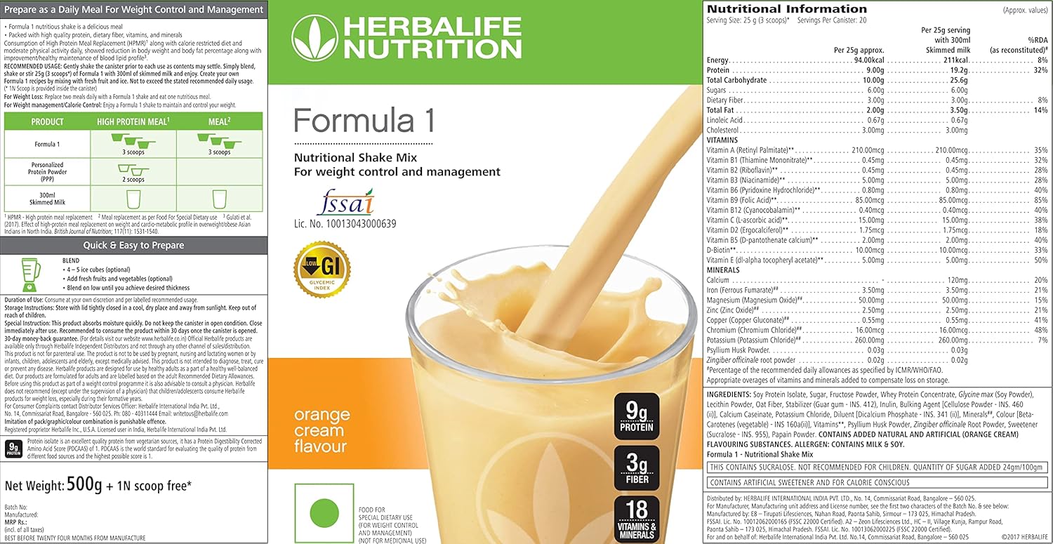 Herbalife Formula 1 Nutritional Shake Mix Pack of 2 - 500g Each - Banana Flavor - Protein Powder for  Slimming Formula  Meal Replacement