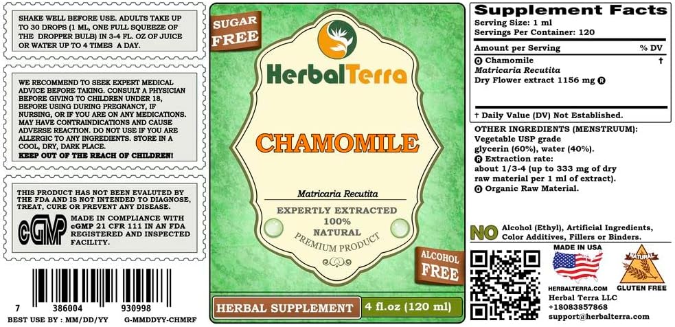 HerbalTerra Organic Chamomile Glycerite - Alcohol-Free Liquid Extract - 4 fl.oz (120ml) - Made in USA