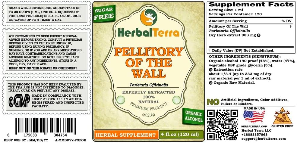 HerbalTerra Pellitory Of The Wall Tincture - Dried Herb Liquid Extract - 4 fl.oz (120 ml) - Made in USA
