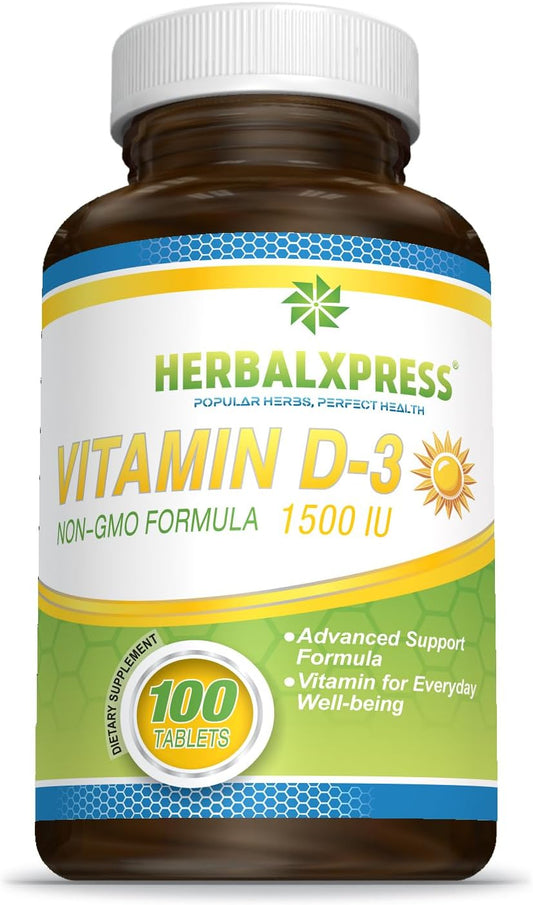 HerbalXpress Vitamin D (Cholecalciferol) 1,500 IU - 100 Tablets for Healthy Bones, Teeth, Muscles, and Immune Function - Non-GMO & Gluten-Free