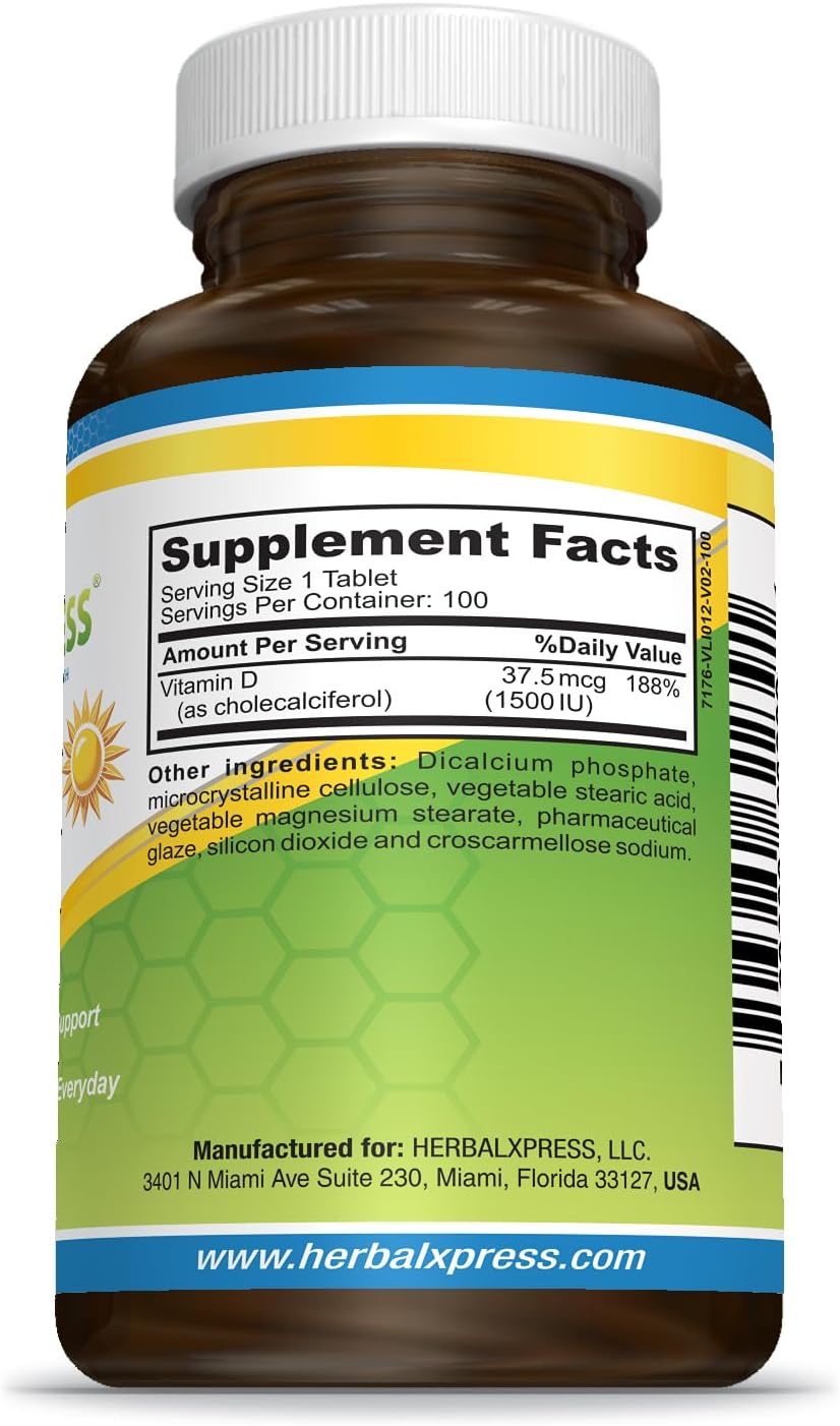 HerbalXpress Vitamin D (Cholecalciferol) 1,500 IU - 100 Tablets for Healthy Bones, Teeth, Muscles, and Immune Function - Non-GMO & Gluten-Free
