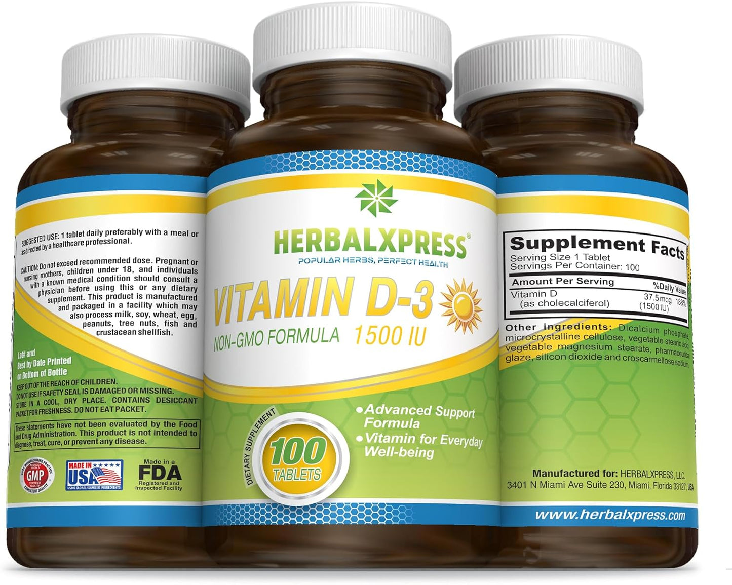 HerbalXpress Vitamin D (Cholecalciferol) 1,500 IU - 100 Tablets for Healthy Bones, Teeth, Muscles, and Immune Function - Non-GMO & Gluten-Free