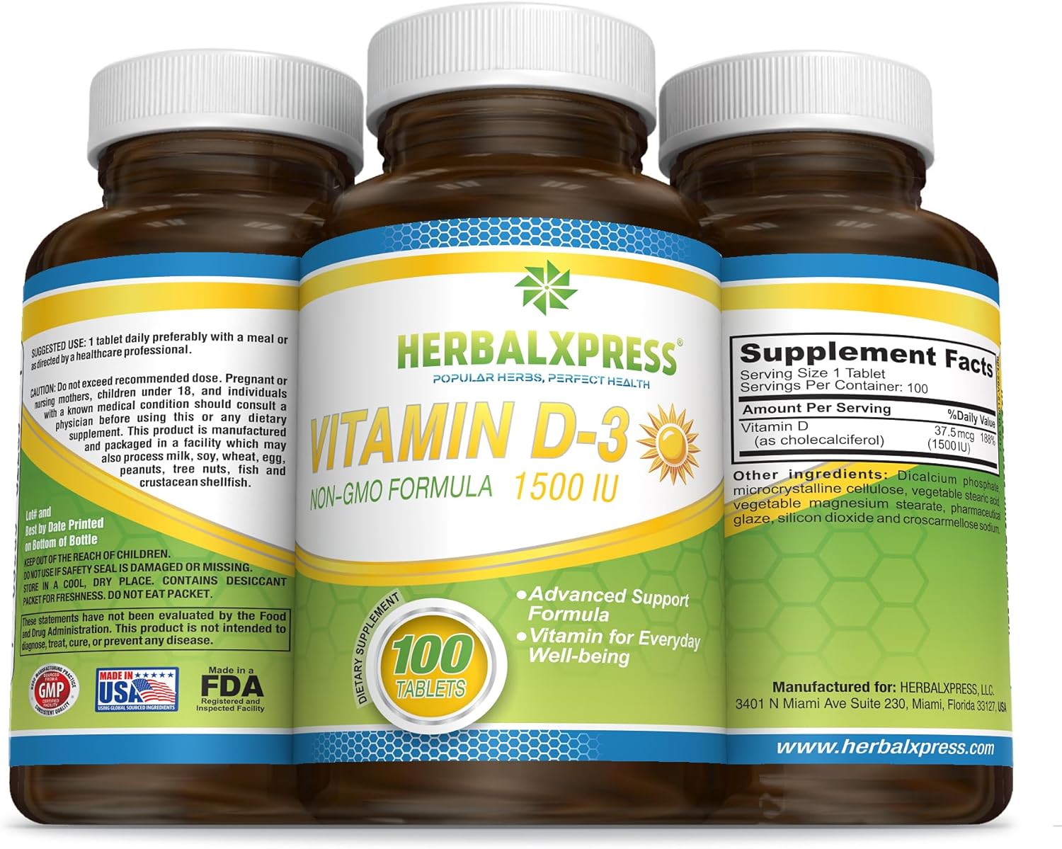 HerbalXpress Vitamin D (Cholecalciferol) 1,500 IU - 100 Tablets for Healthy Bones, Teeth, Muscles, and Immune Function - Non-GMO & Gluten-Free