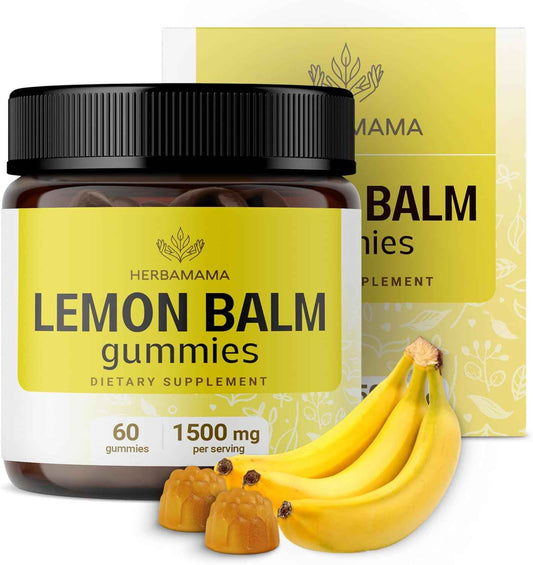HERBAMAMA Lemon Balm Calming Gummies - 1500mg Lemon Balm Leaf for Relaxation - Vegan Non-GMO Melissa Officinalis Supplement - 60 Pectin-Based Banana-Flavored Chews