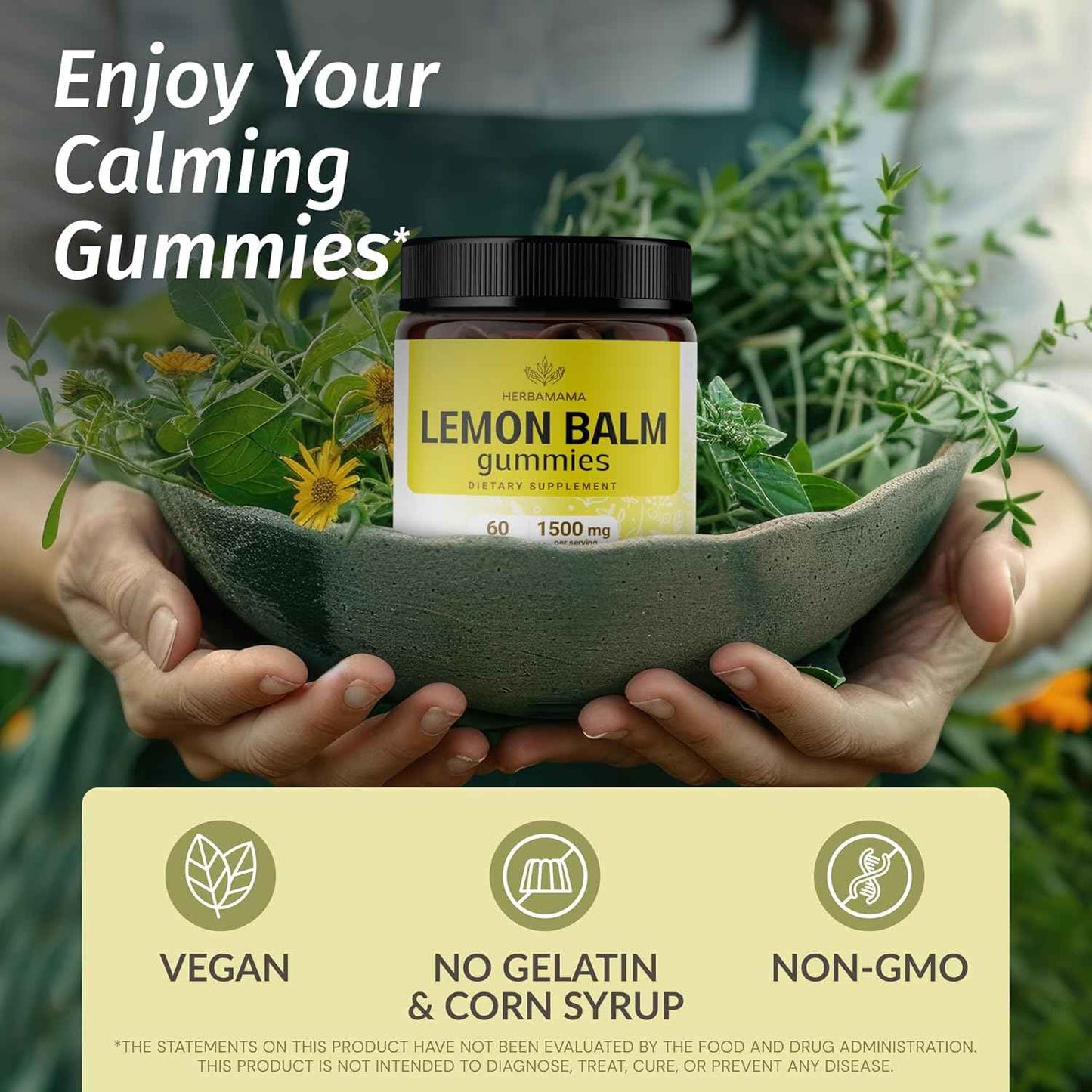 HERBAMAMA Lemon Balm Calming Gummies - 1500mg Lemon Balm Leaf for Relaxation - Vegan Non-GMO Melissa Officinalis Supplement - 60 Pectin-Based Banana-Flavored Chews