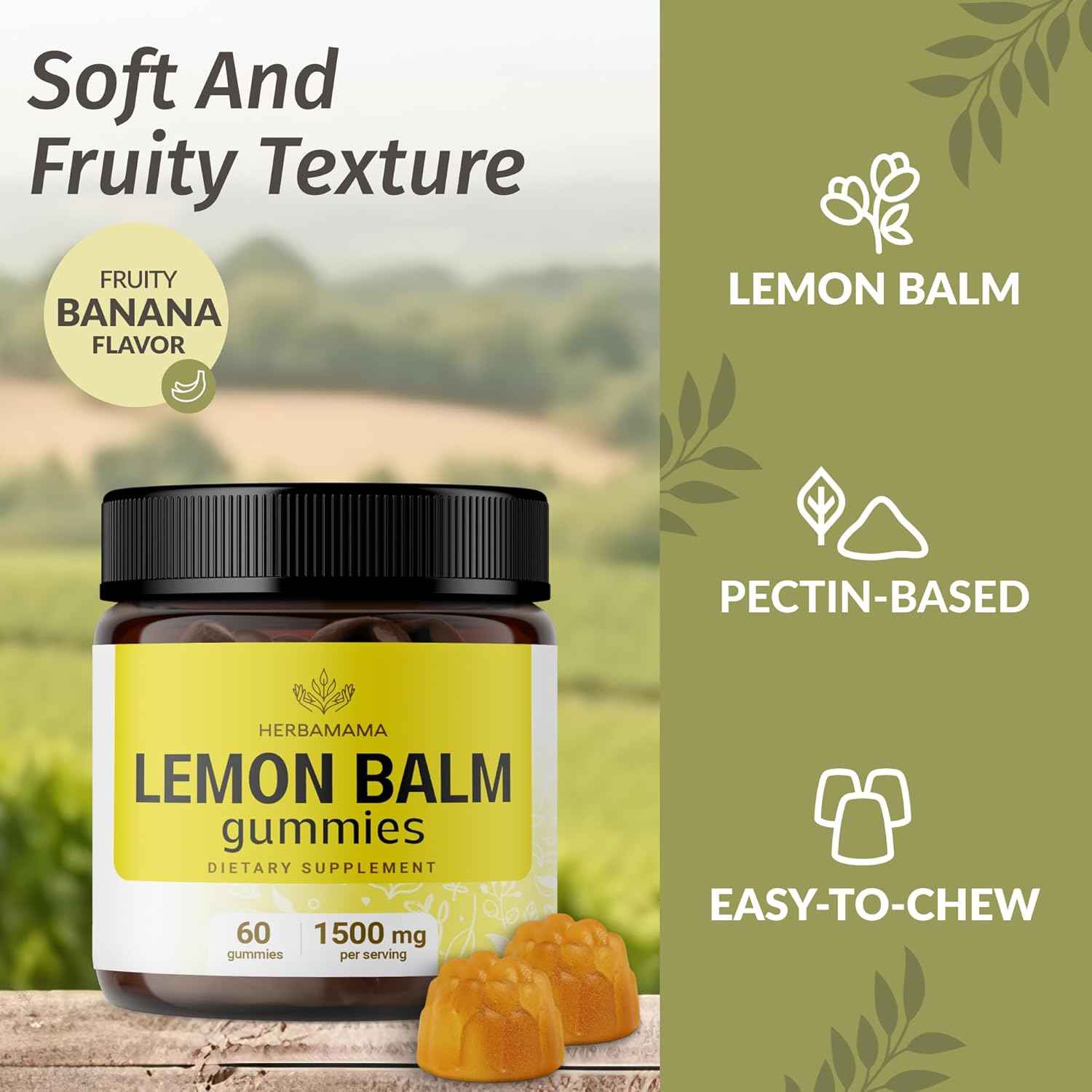 HERBAMAMA Lemon Balm Calming Gummies - 1500mg Lemon Balm Leaf for Relaxation - Vegan Non-GMO Melissa Officinalis Supplement - 60 Pectin-Based Banana-Flavored Chews