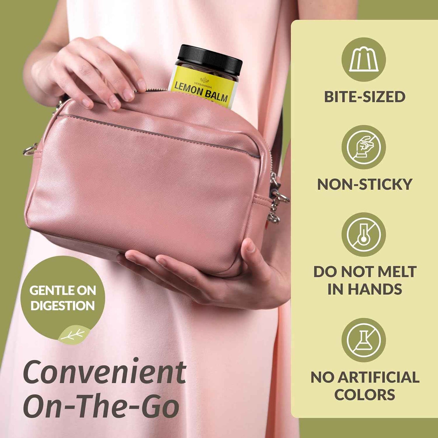 HERBAMAMA Lemon Balm Calming Gummies - 1500mg Lemon Balm Leaf for Relaxation - Vegan Non-GMO Melissa Officinalis Supplement - 60 Pectin-Based Banana-Flavored Chews