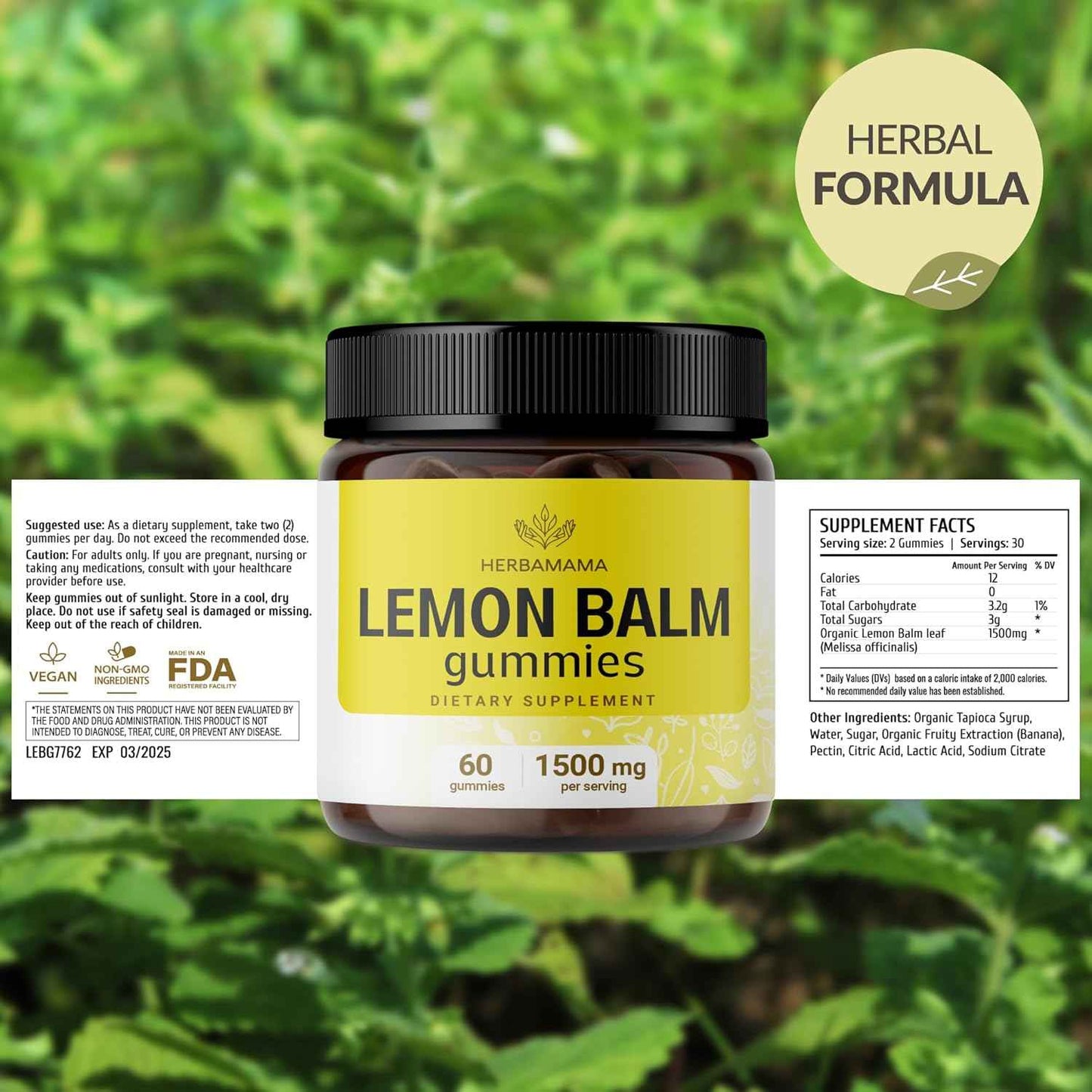 HERBAMAMA Lemon Balm Calming Gummies - 1500mg Lemon Balm Leaf for Relaxation - Vegan Non-GMO Melissa Officinalis Supplement - 60 Pectin-Based Banana-Flavored Chews