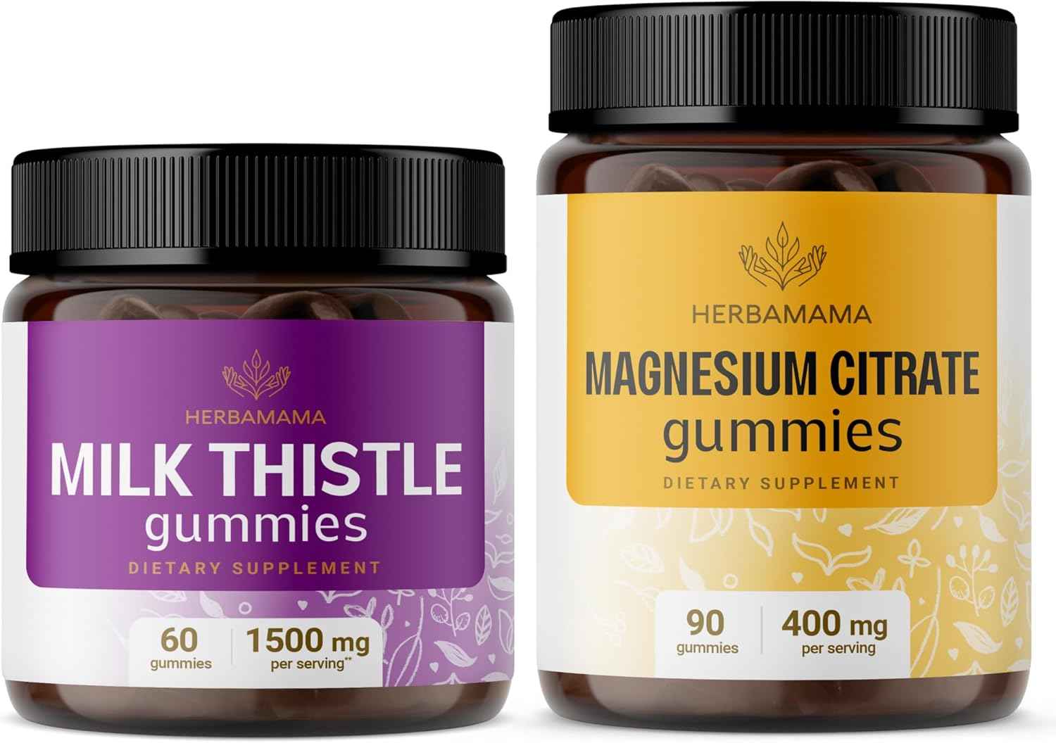 HERBAMAMA Milk Thistle and Magnesium Kit - Bundle of 1500 mg Milk Thistle & 400 mg Magnesium Citrate Gummies - Vegan, Non-GMO, Gelatin-Free - 2 Pack