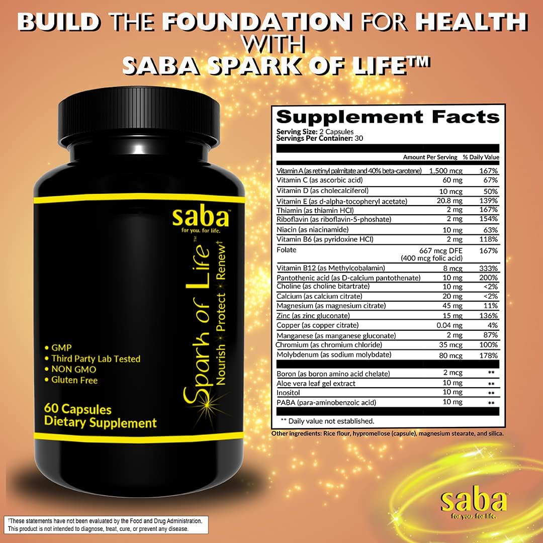 HerbFuse Saba Spark of Life Multivitamin and Mineral Supplement - 60 Capsules - Nourish, Protect, Renew