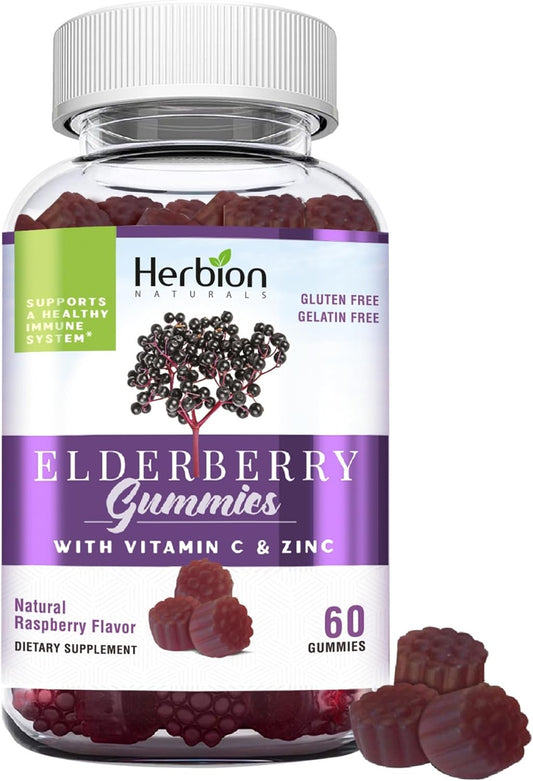 Herbion Naturals Elderberry Gummies with Vitamin C & Zinc - Immune Support for Adults & Kids - Gluten-Free & Gelatin-Free - 60 Gummies - USA Made.