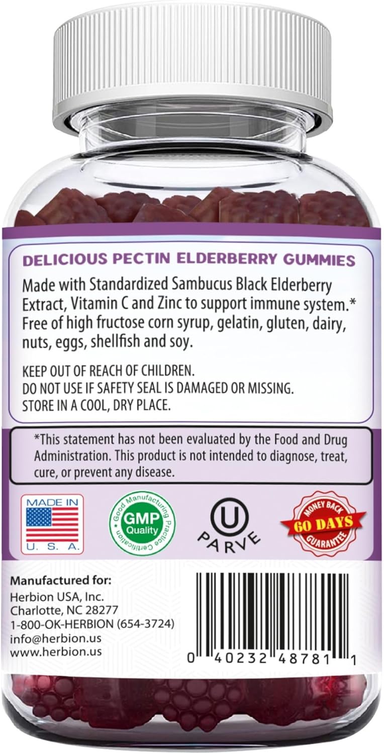 Herbion Naturals Elderberry Gummies with Vitamin C & Zinc - Immune Support for Adults & Kids - Gluten-Free & Gelatin-Free - 60 Gummies - USA Made.
