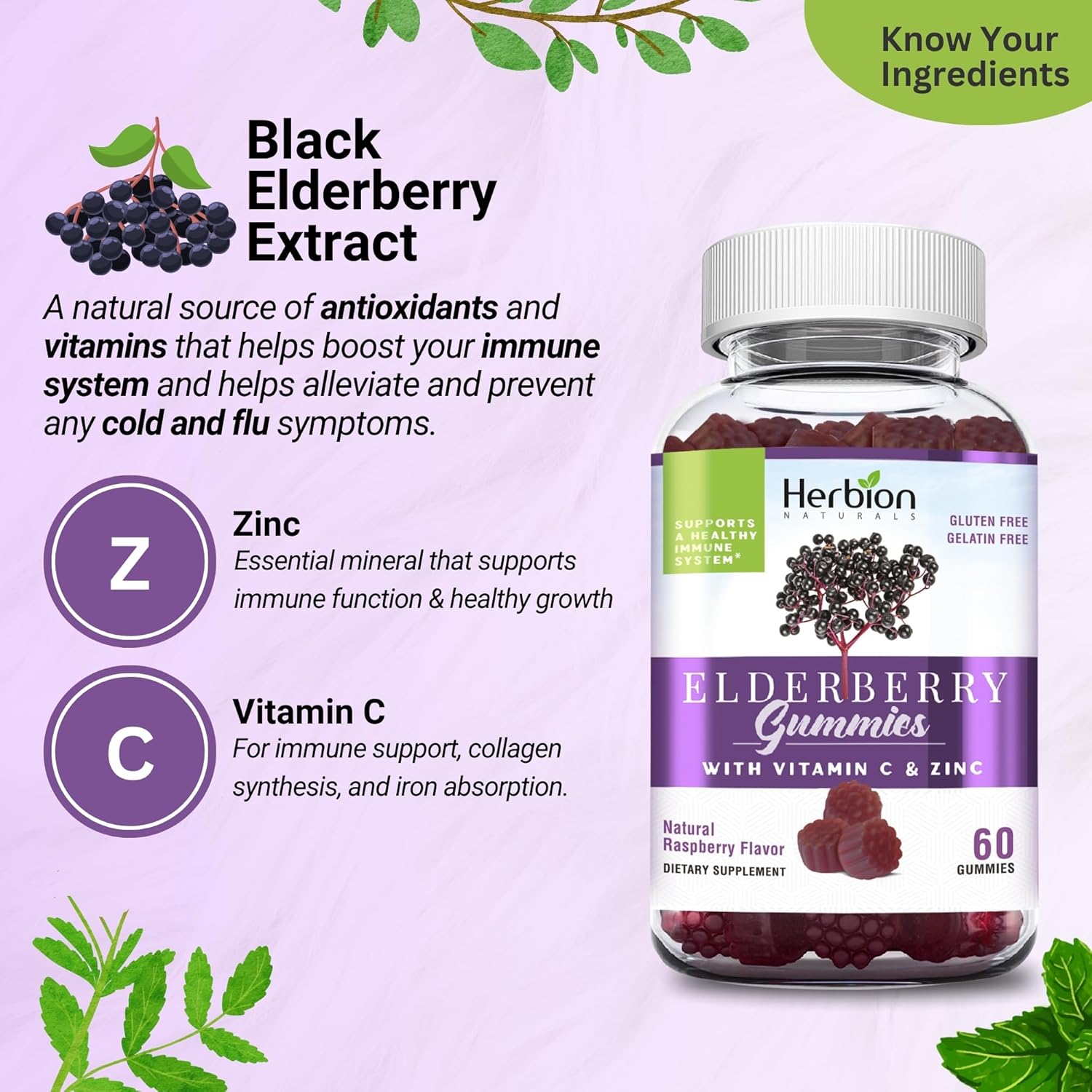 Herbion Naturals Elderberry Gummies with Vitamin C & Zinc - Immune Support for Adults & Kids - Gluten-Free & Gelatin-Free - 60 Gummies - USA Made.