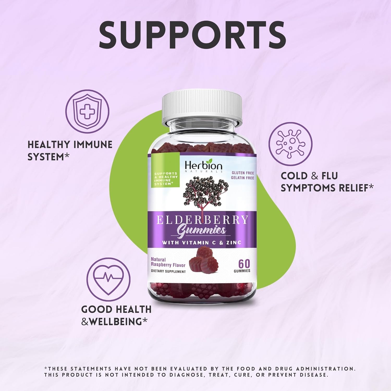 Herbion Naturals Elderberry Gummies with Vitamin C & Zinc - Immune Support for Adults & Kids - Gluten-Free & Gelatin-Free - 60 Gummies - USA Made.