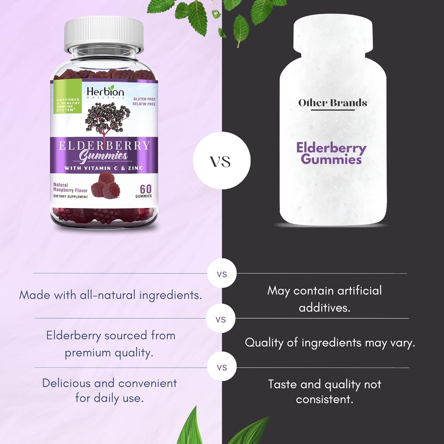 Herbion Naturals Elderberry Gummies with Vitamin C & Zinc - Immune Support for Adults & Kids - Gluten-Free & Gelatin-Free - 60 Gummies - USA Made.