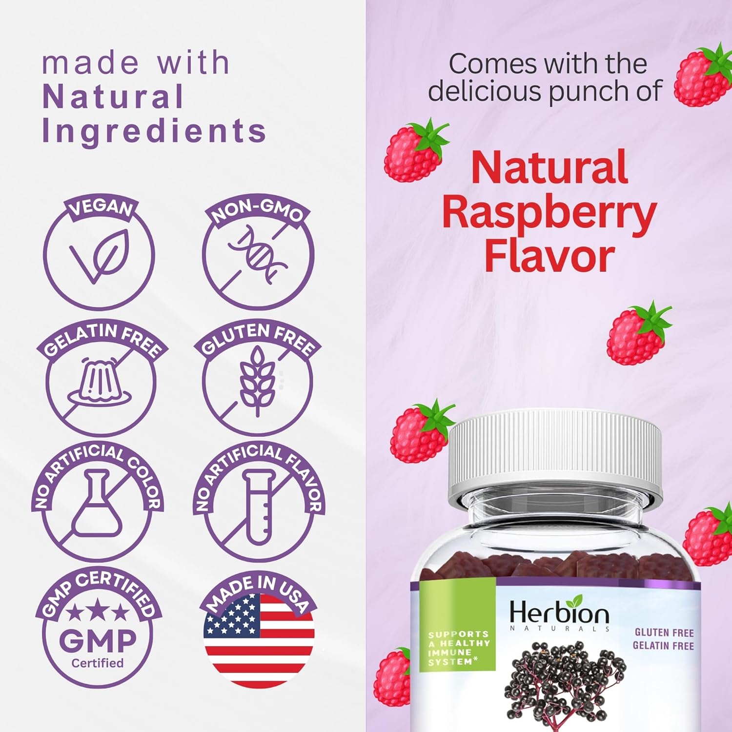 Herbion Naturals Elderberry Gummies with Vitamin C & Zinc - Immune Support for Adults & Kids - Gluten-Free & Gelatin-Free - 60 Gummies - USA Made.