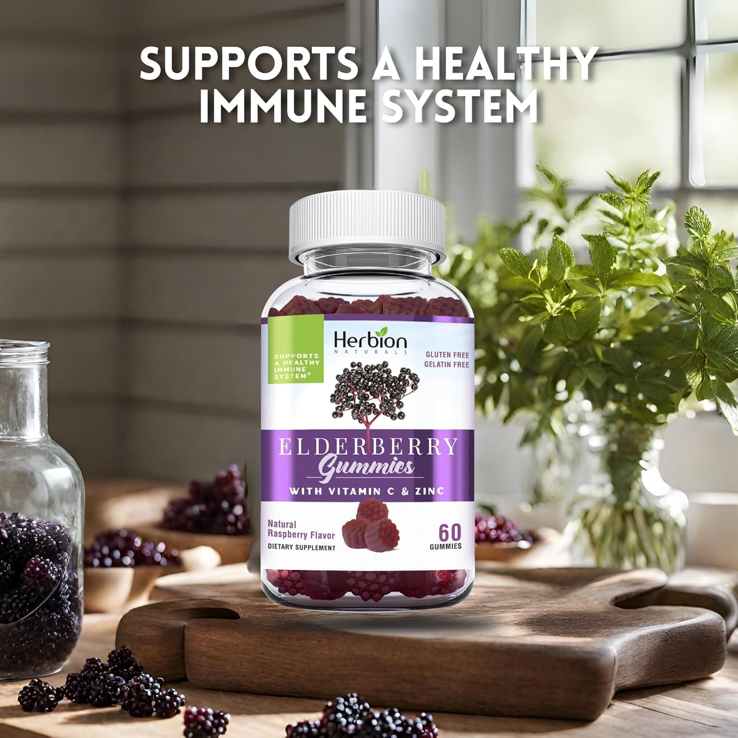Herbion Naturals Elderberry Gummies with Vitamin C & Zinc - Immune Support for Adults & Kids - Gluten-Free & Gelatin-Free - 60 Gummies - USA Made.