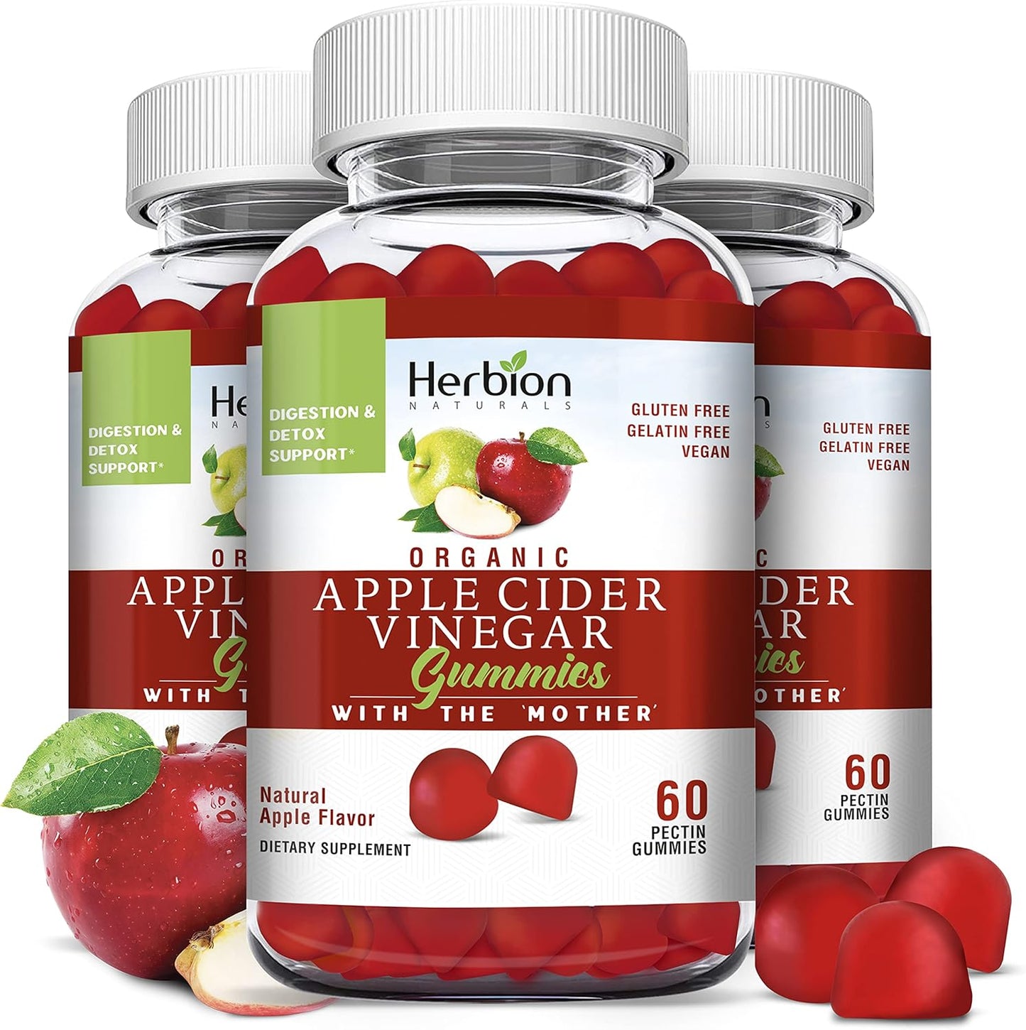 Herbion Naturals Organic Apple Cider Vinegar Gummies with "Mother" - Digestion & Detox Support - Vegan - USA Made - 3 Pack
