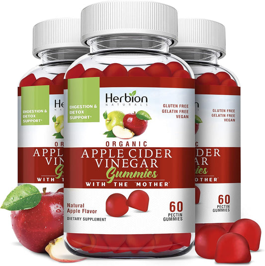 Herbion Naturals Organic Apple Cider Vinegar Gummies with "Mother" - Digestion & Detox Support - Vegan - USA Made - 3 Pack