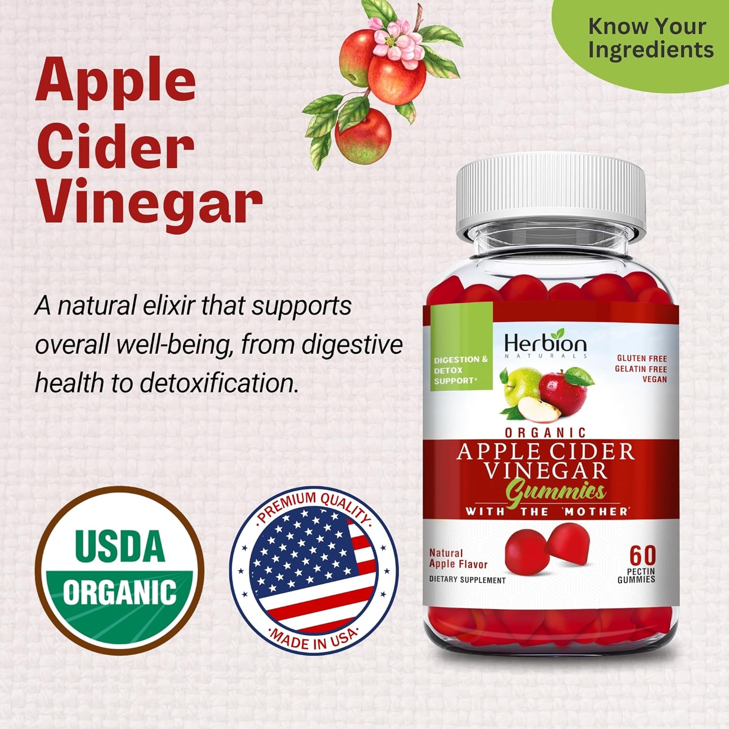 Herbion Naturals Organic Apple Cider Vinegar Gummies with "Mother" - Digestion & Detox Support - Vegan - USA Made - 3 Pack
