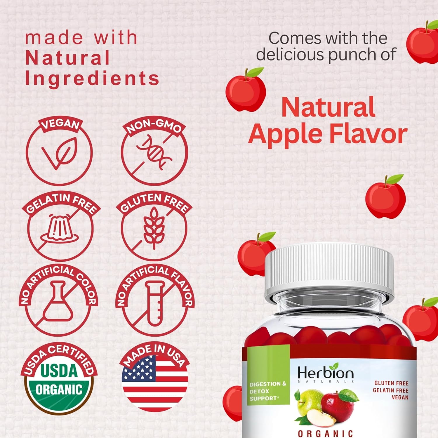 Herbion Naturals Organic Apple Cider Vinegar Gummies with "Mother" - Digestion & Detox Support - Vegan - USA Made - 3 Pack