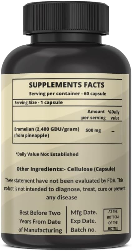 Heroot Bromelain 500mg Capsules - 2400 GDU/gram Enzyme for Joint Health & Digestive Support - Non-GMO & Gluten Free - 60 Count