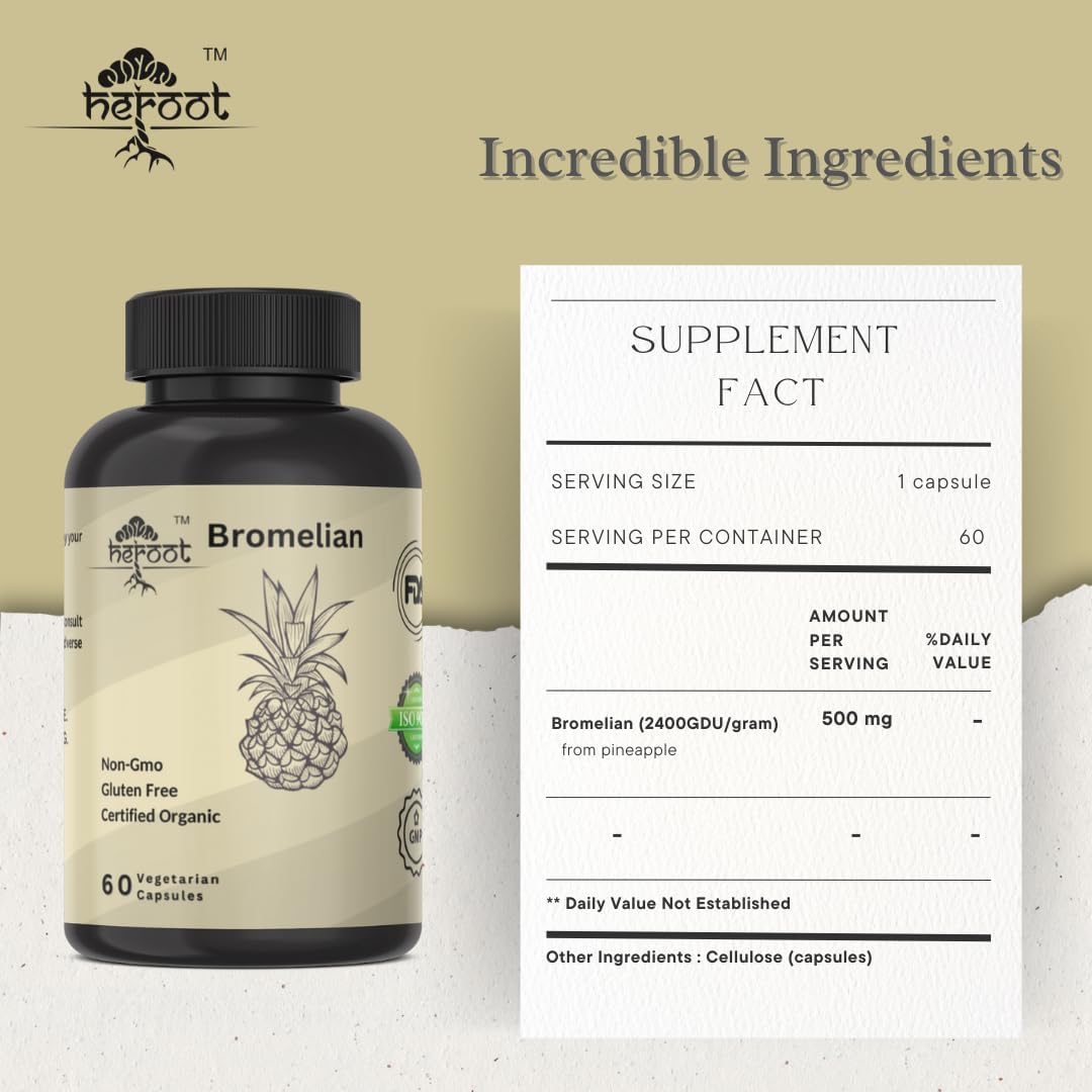 Heroot Bromelain 500mg Capsules - 2400 GDU/gram Enzyme for Joint Health & Digestive Support - Non-GMO & Gluten Free - 60 Count