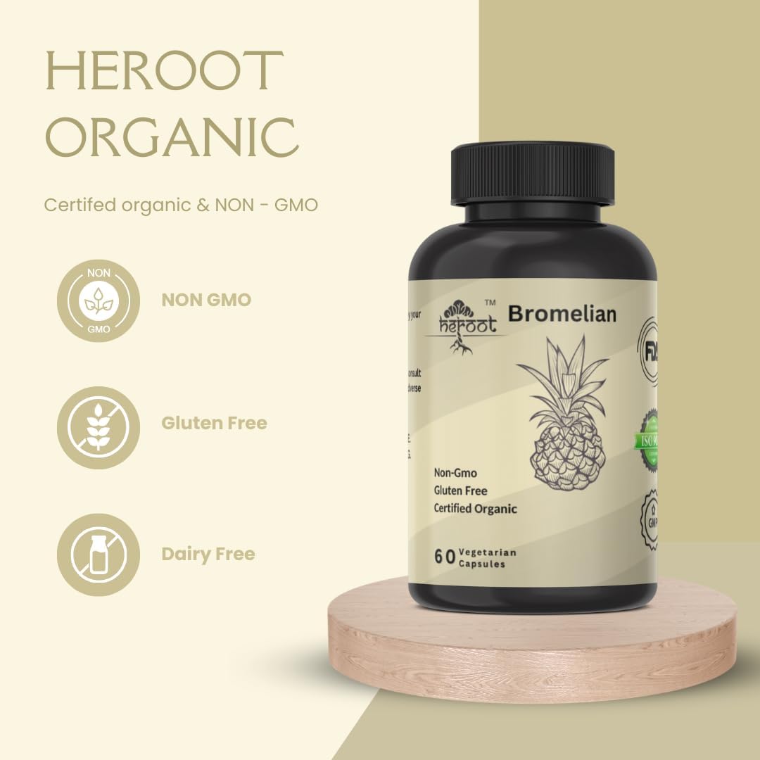 Heroot Bromelain 500mg Capsules - 2400 GDU/gram Enzyme for Joint Health & Digestive Support - Non-GMO & Gluten Free - 60 Count