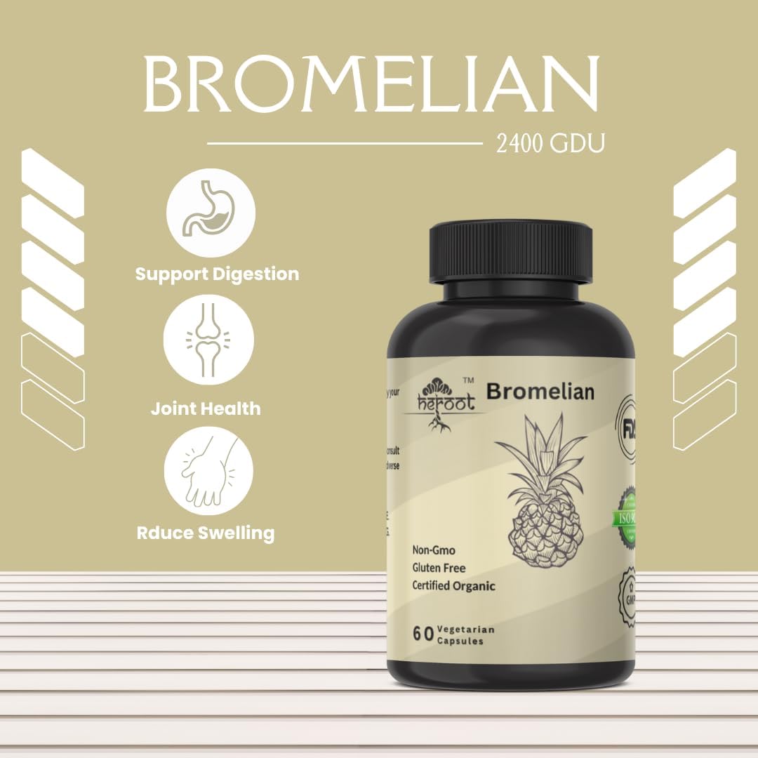 Heroot Bromelain 500mg Capsules - 2400 GDU/gram Enzyme for Joint Health & Digestive Support - Non-GMO & Gluten Free - 60 Count