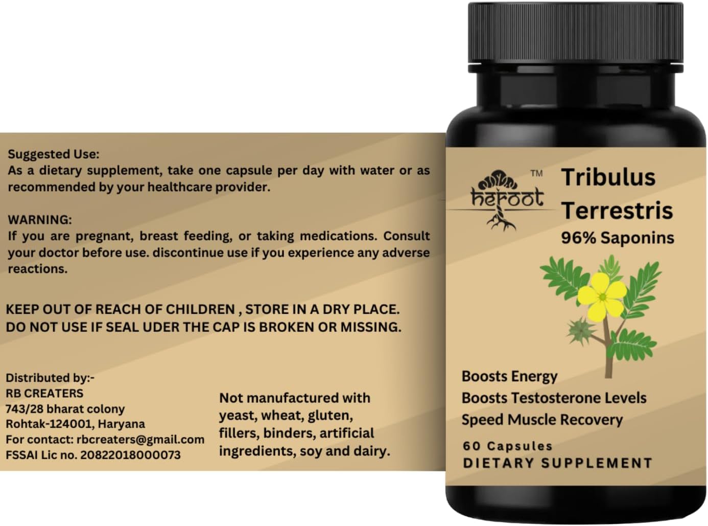 Heroot Tribulus Terrestris Energy Booster Supplement for Men and Women - 60 Capsules for Stamina and Vitality