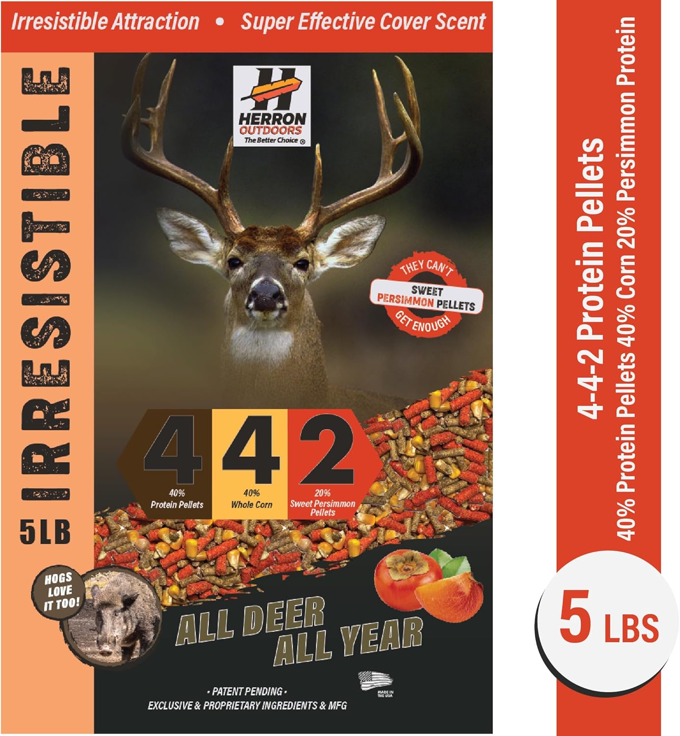 Herron Outdoors 4-4-2 Persimmon Protein Pellets & Whole Corn Deer Attractant - Feed Enhancer for Whitetail Deer - 5lbs