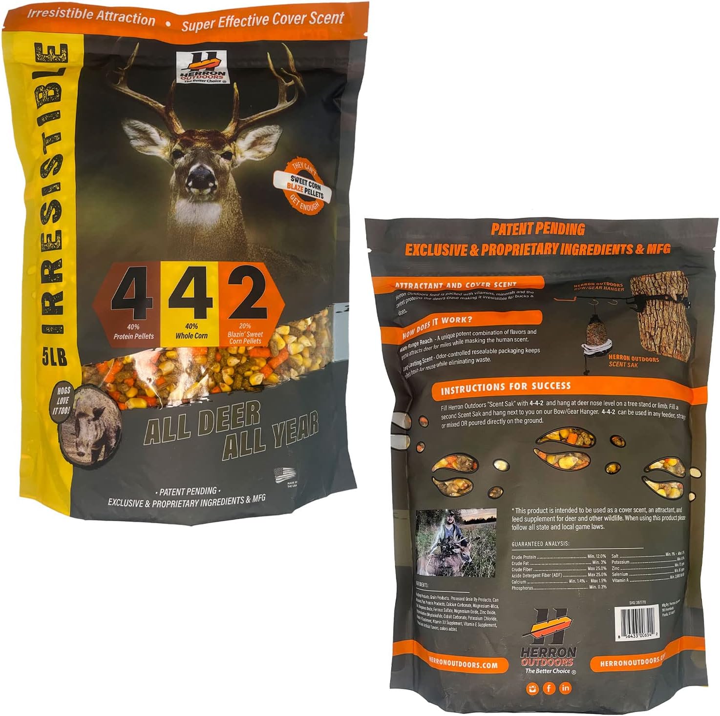 Herron Outdoors 4-4-2 Protein Pellets & Corn Deer Attractant - Feed Bait for Whitetail Deer & Hunters - 5lbs