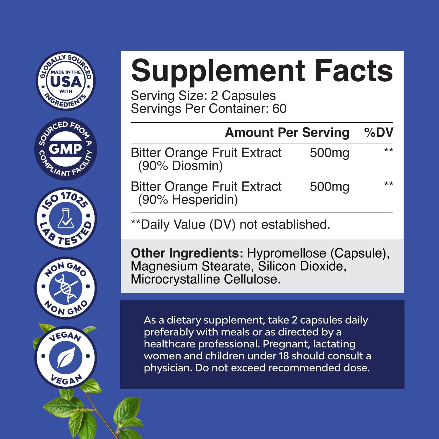 Hesperidin & Diosmin Complex 1000mg - Vein Support Supplement from Bitter Orange - ISO 17025 Lab Tested - Vegan & Gluten Free - USA Made (2 Month Supply)